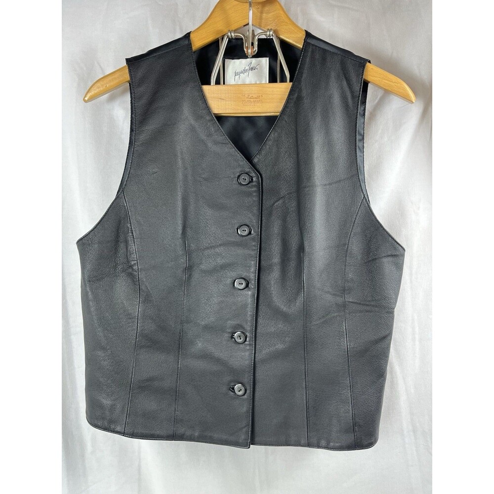 Vintage Leather Vest Womens Medium Black Button Front Motorcycle Western Biker
